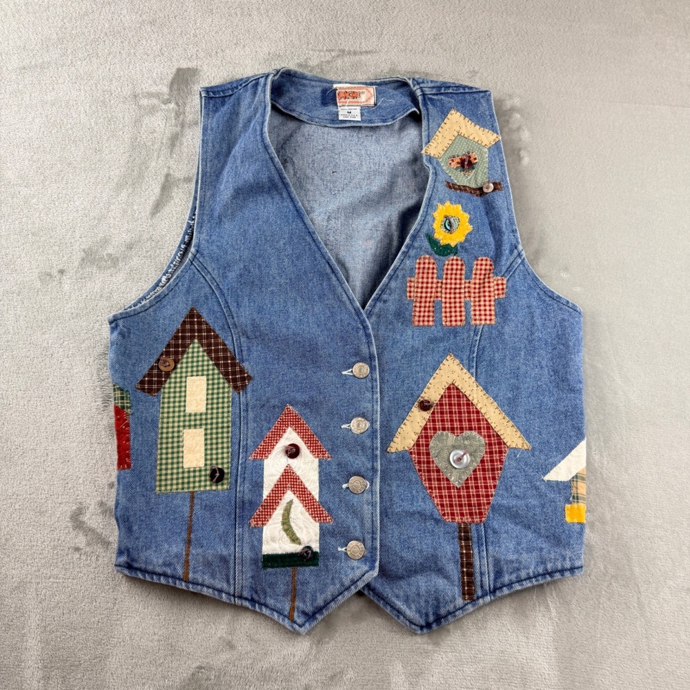 Apache Vintage Denim Vest Women's Medium Birdhouse Patchwork Cottagecore Blue